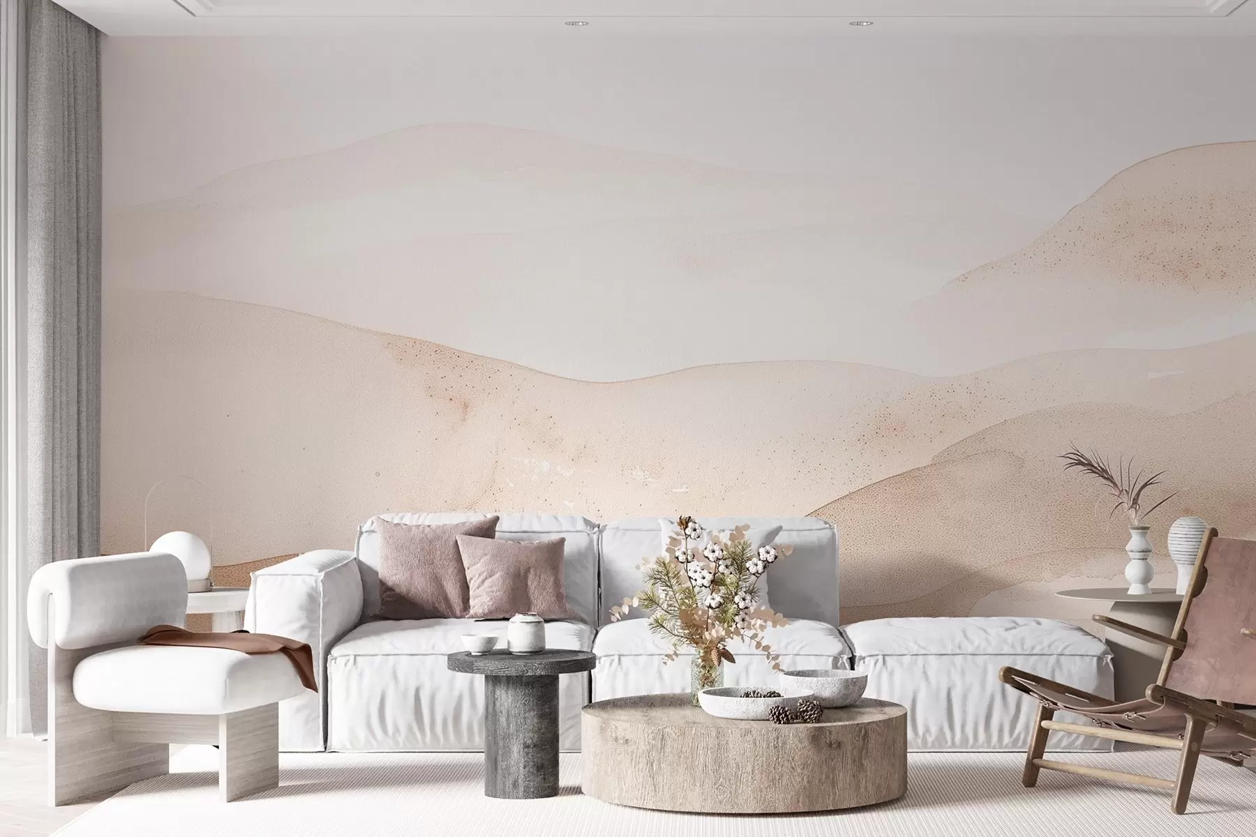 murais de parede Montanhas em estilo aquarela em tons de bege claro w09223
