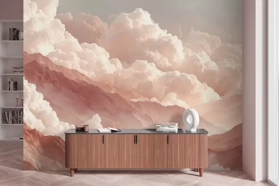 murais de parede Nascer do sol quente sobre as montanhas com nuvens fofas w09226