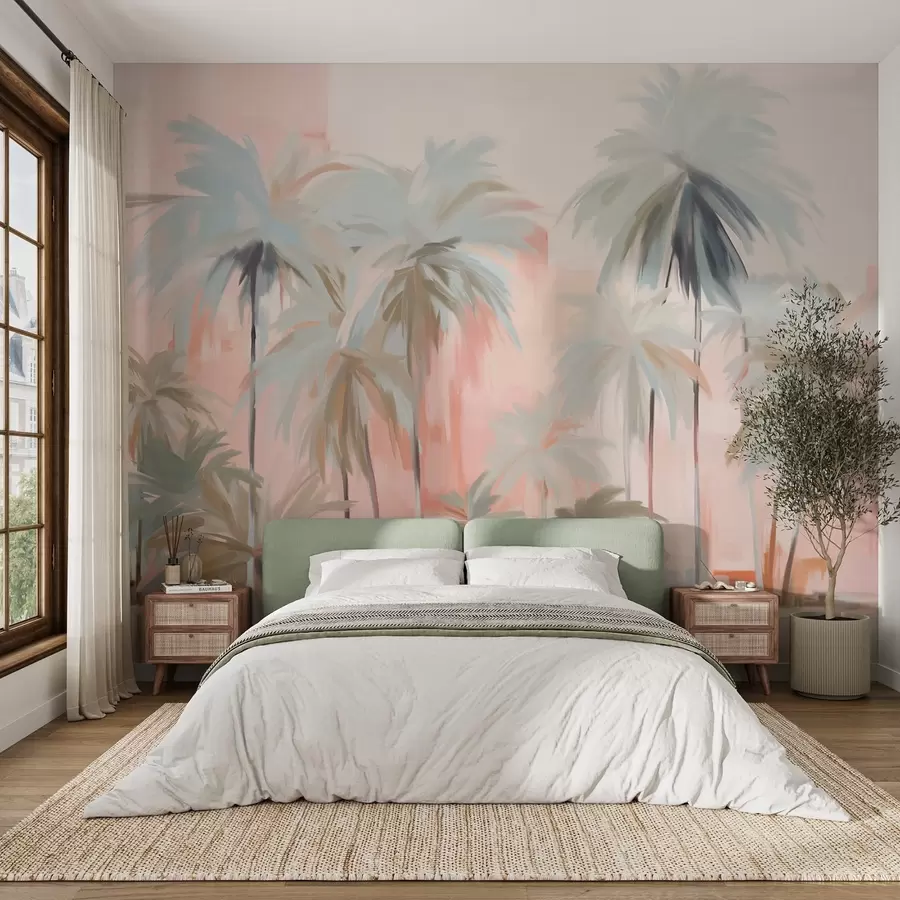 murais de parede Palmeiras tropicais em tons pastéis, minimalistas e abstratos, em um fundo de tons suaves de rosa e pêssego w09212
