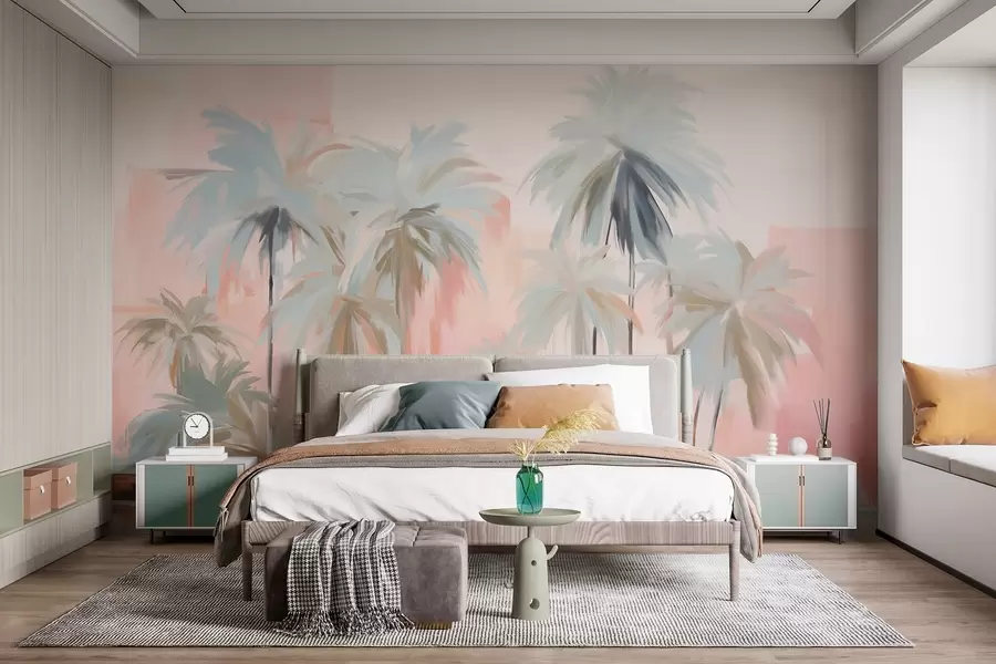 murais de parede Palmeiras tropicais em tons pastéis, minimalistas e abstratos, em um fundo de tons suaves de rosa e pêssego w09212