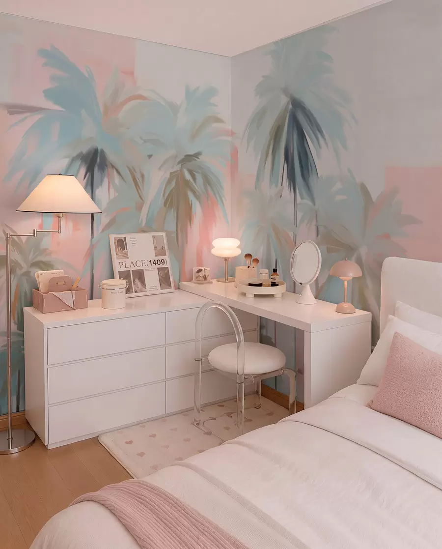 murais de parede Palmeiras tropicais em tons pastéis, minimalistas e abstratos, em um fundo de tons suaves de rosa e pêssego w09212