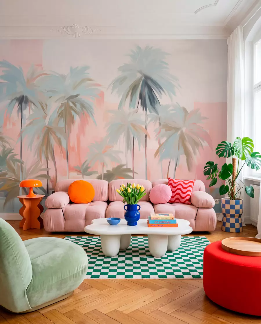 murais de parede Palmeiras tropicais em tons pastéis, minimalistas e abstratos, em um fundo de tons suaves de rosa e pêssego w09212