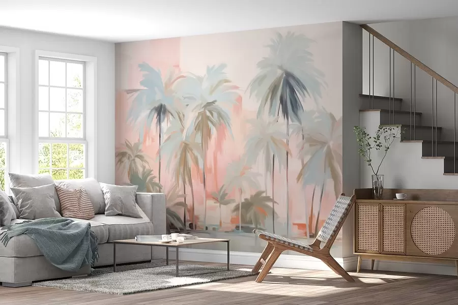 murais de parede Palmeiras tropicais em tons pastéis, minimalistas e abstratos, em um fundo de tons suaves de rosa e pêssego w09212