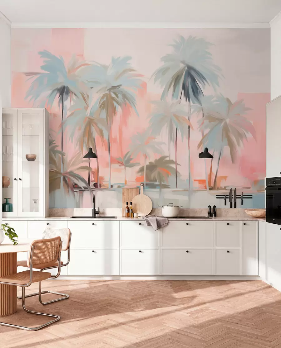 murais de parede Palmeiras tropicais em tons pastéis, minimalistas e abstratos, em um fundo de tons suaves de rosa e pêssego w09212