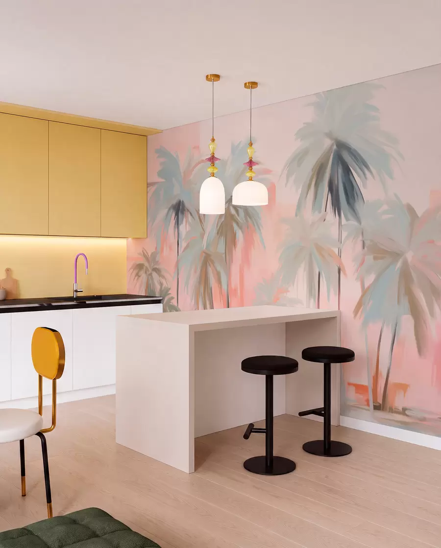 murais de parede Palmeiras tropicais em tons pastéis, minimalistas e abstratos, em um fundo de tons suaves de rosa e pêssego w09212