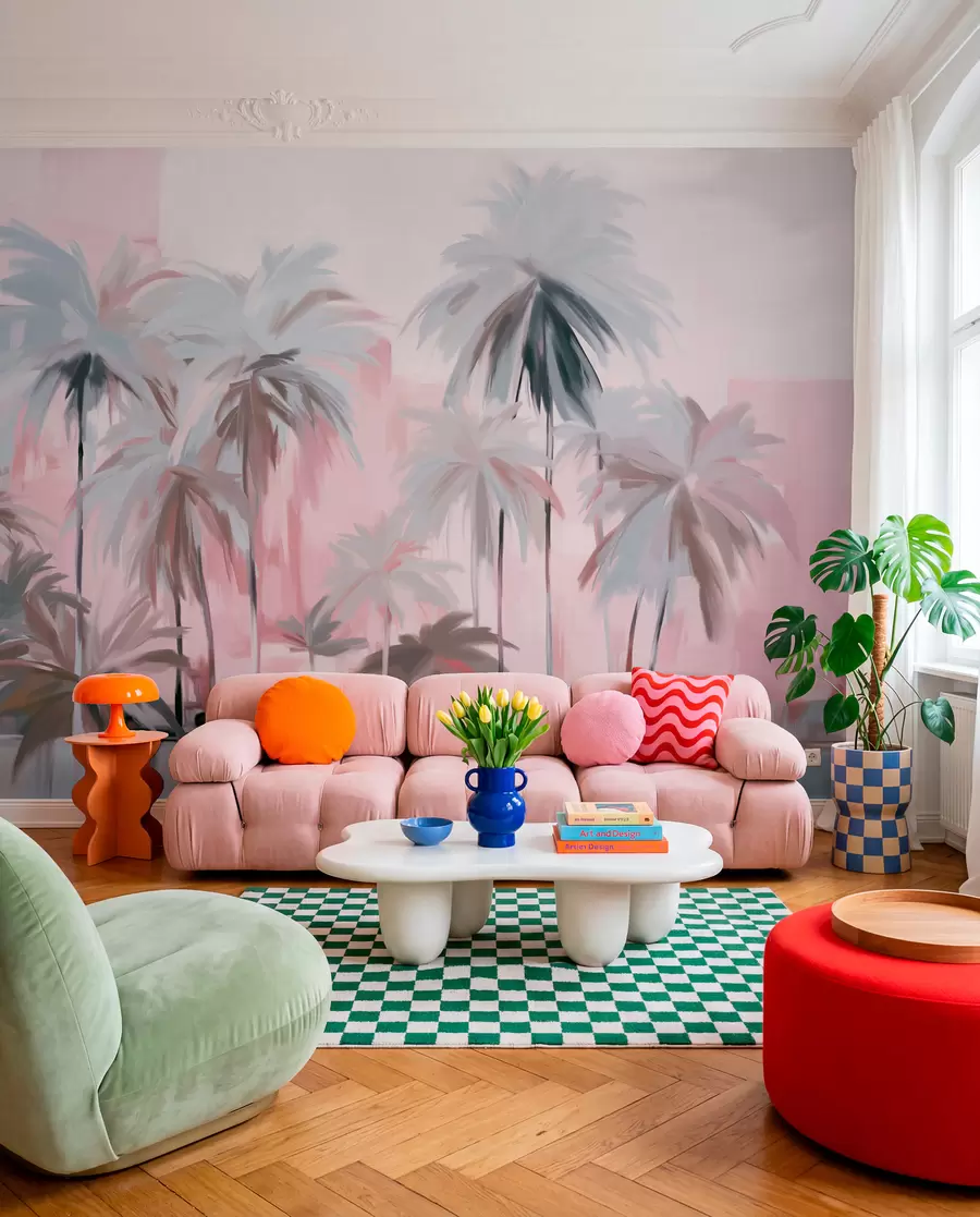 murais de parede Palmeiras tropicais em tons pastéis, minimalistas e abstratos, em um fundo de tons suaves de rosa e cinza w09212v1