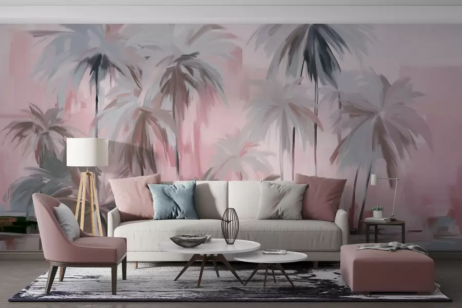murais de parede Palmeiras tropicais em tons pastéis, minimalistas e abstratos, em um fundo de tons suaves de rosa e cinza w09212v1