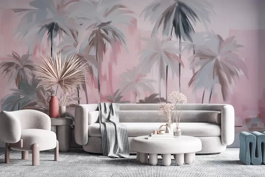 murais de parede Palmeiras tropicais em tons pastéis, minimalistas e abstratos, em um fundo de tons suaves de rosa e cinza w09212v1