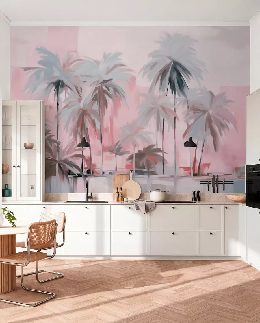 murais de parede Palmeiras tropicais em tons pastéis, minimalistas e abstratos, em um fundo de tons suaves de rosa e cinza w09212v1