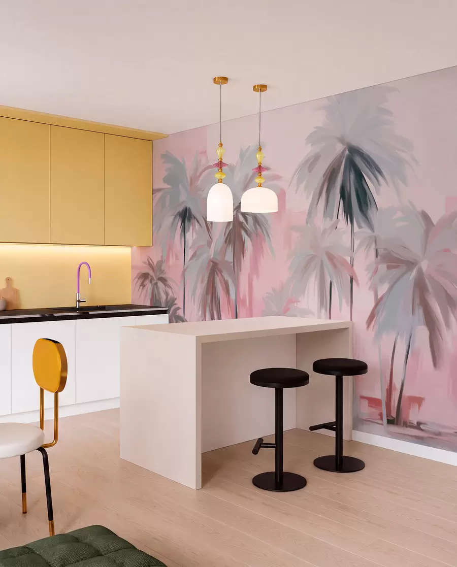 murais de parede Palmeiras tropicais em tons pastéis, minimalistas e abstratos, em um fundo de tons suaves de rosa e cinza w09212v1