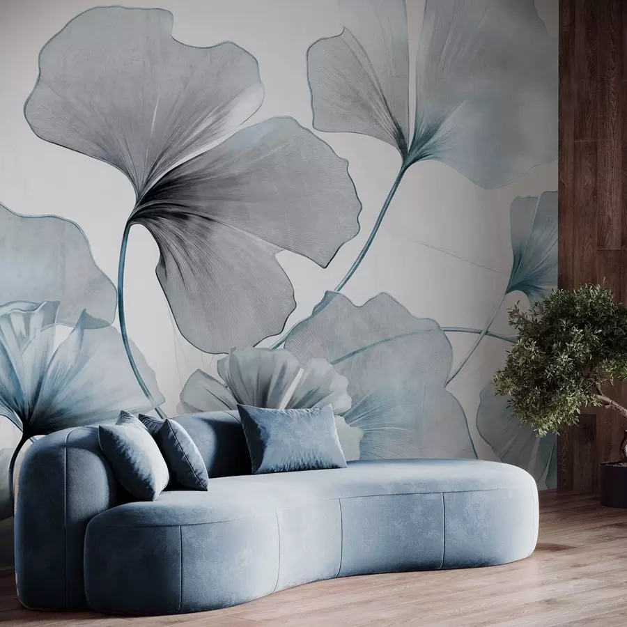 murais de parede Folhas de Ginkgo biloba em tons suaves de azul e cinza, efeito de aquarela com textura delicada, fundo claro w09215v1