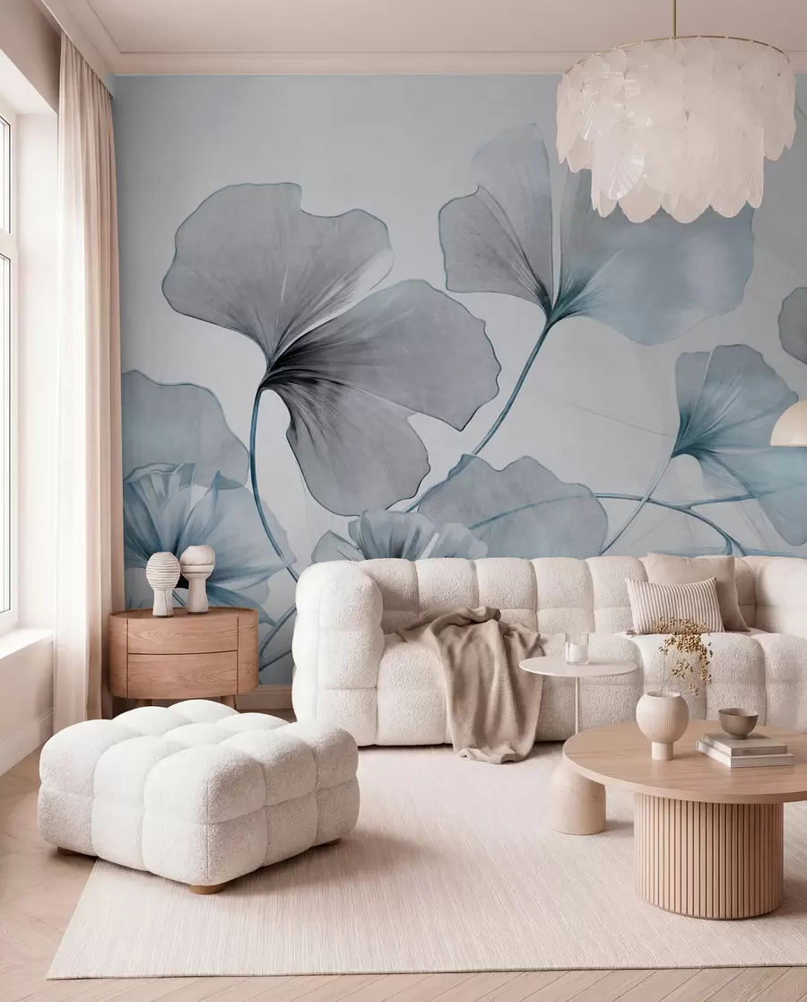 murais de parede Folhas de Ginkgo biloba em tons suaves de azul e cinza, efeito de aquarela com textura delicada, fundo claro w09215v1