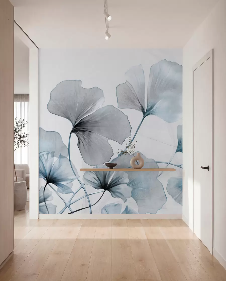 murais de parede Folhas de Ginkgo biloba em tons suaves de azul e cinza, efeito de aquarela com textura delicada, fundo claro w09215v1
