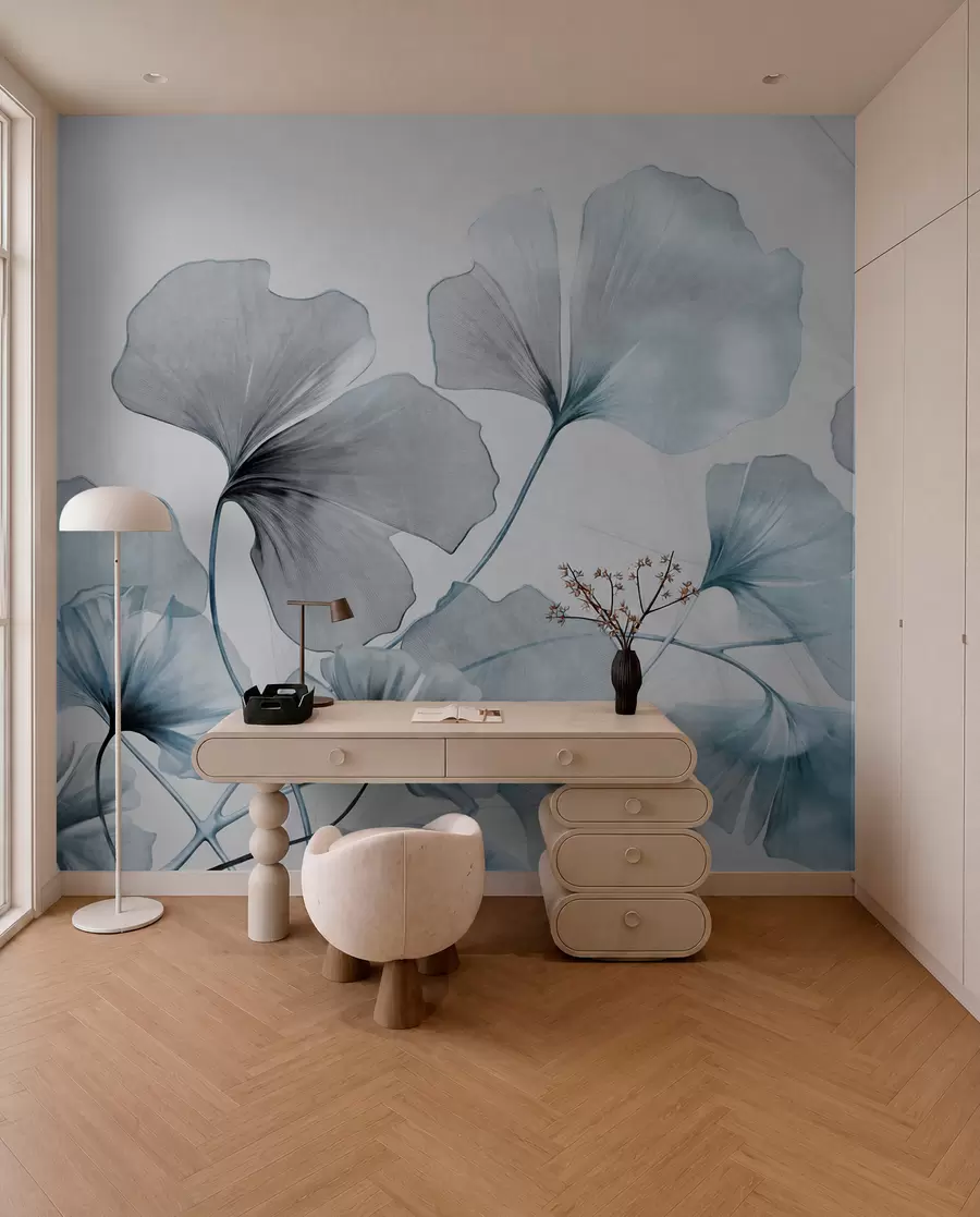 murais de parede Folhas de Ginkgo biloba em tons suaves de azul e cinza, efeito de aquarela com textura delicada, fundo claro w09215v1