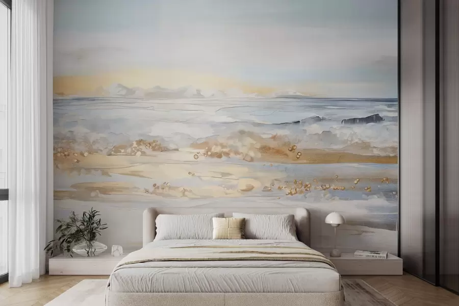 murais de parede Paisagem abstrata texturizada, ondas do mar batendo em uma praia de areia, cores pastéis suaves, céu azul com nuvens claras w09234