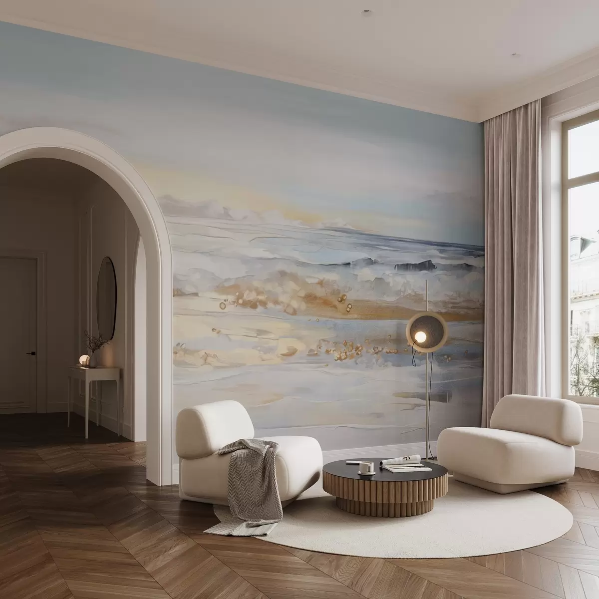 murais de parede Paisagem abstrata texturizada, ondas do mar batendo em uma praia de areia, cores pastéis suaves, céu azul com nuvens claras w09234