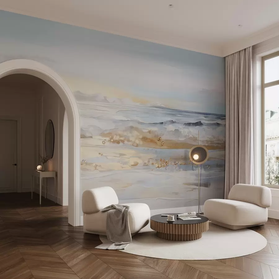 murais de parede Paisagem abstrata texturizada, ondas do mar batendo em uma praia de areia, cores pastéis suaves, céu azul com nuvens claras w09234