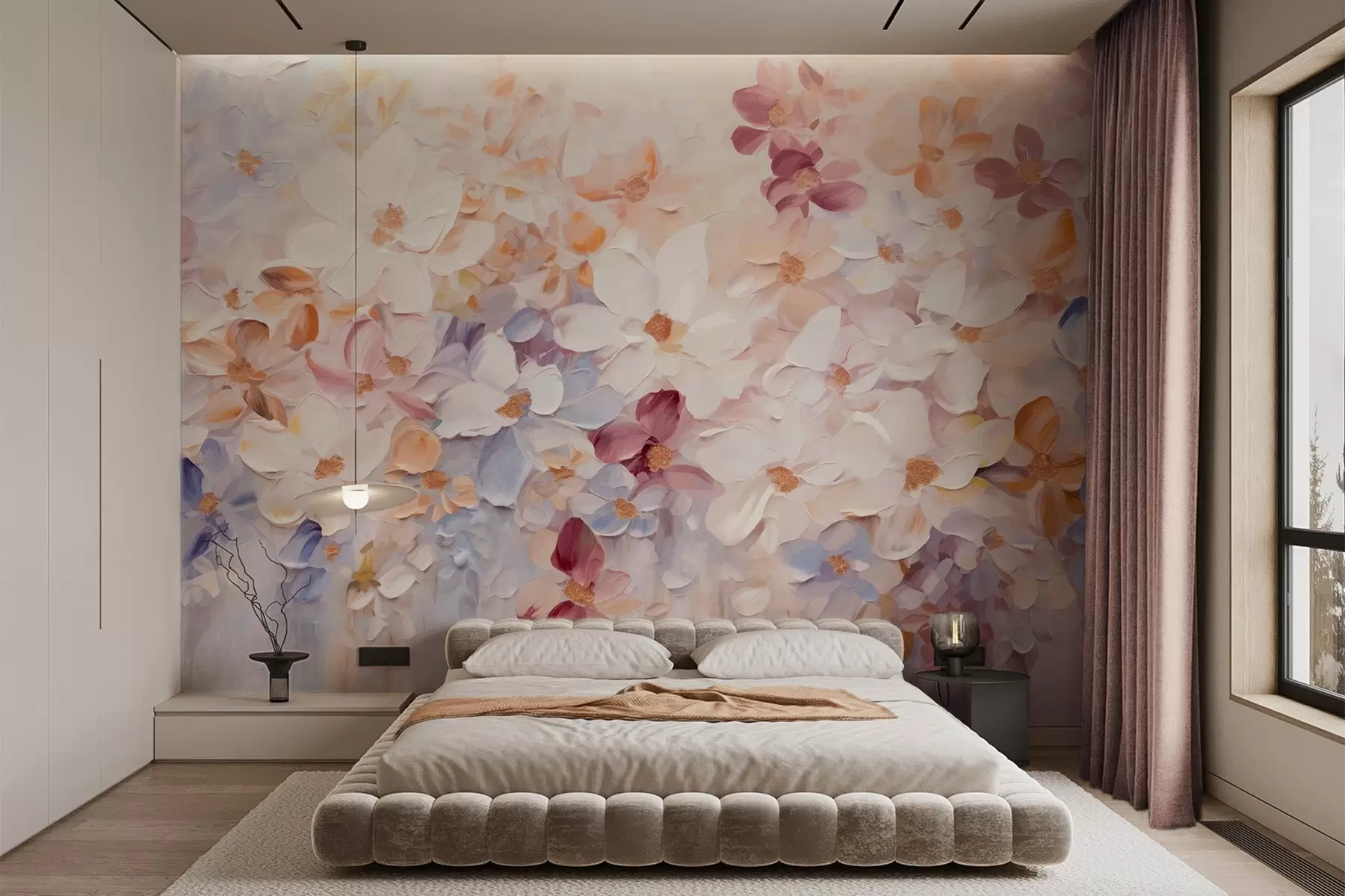 murais de parede Pintura a óleo imitando um jardim de flores com flores brancas, rosa e laranja, pinceladas suaves, cores pastéis suaves w09236