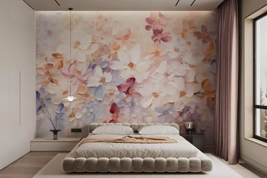 murais de parede Pintura a óleo imitando um jardim de flores com flores brancas, rosa e laranja, pinceladas suaves, cores pastéis suaves w09236