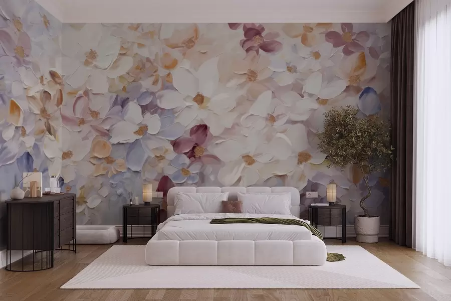 murais de parede Pintura a óleo imitando um jardim de flores com flores brancas, rosa e laranja, pinceladas suaves, cores pastéis suaves w09236