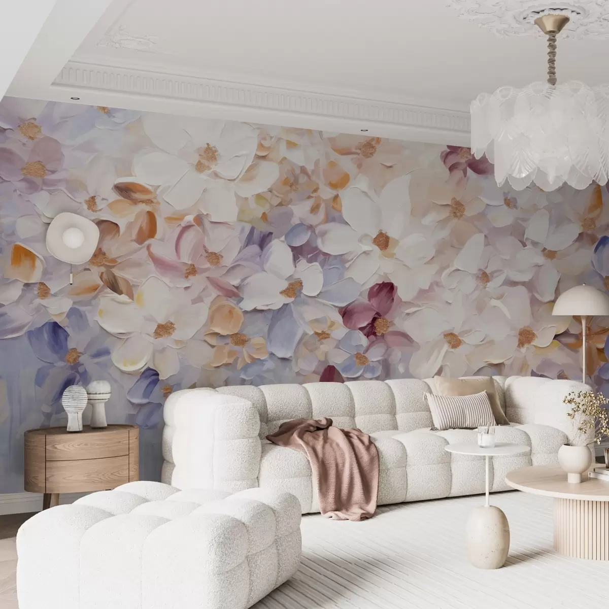 murais de parede Pintura a óleo imitando um jardim de flores com flores brancas, rosa e laranja, pinceladas suaves, cores pastéis suaves w09236