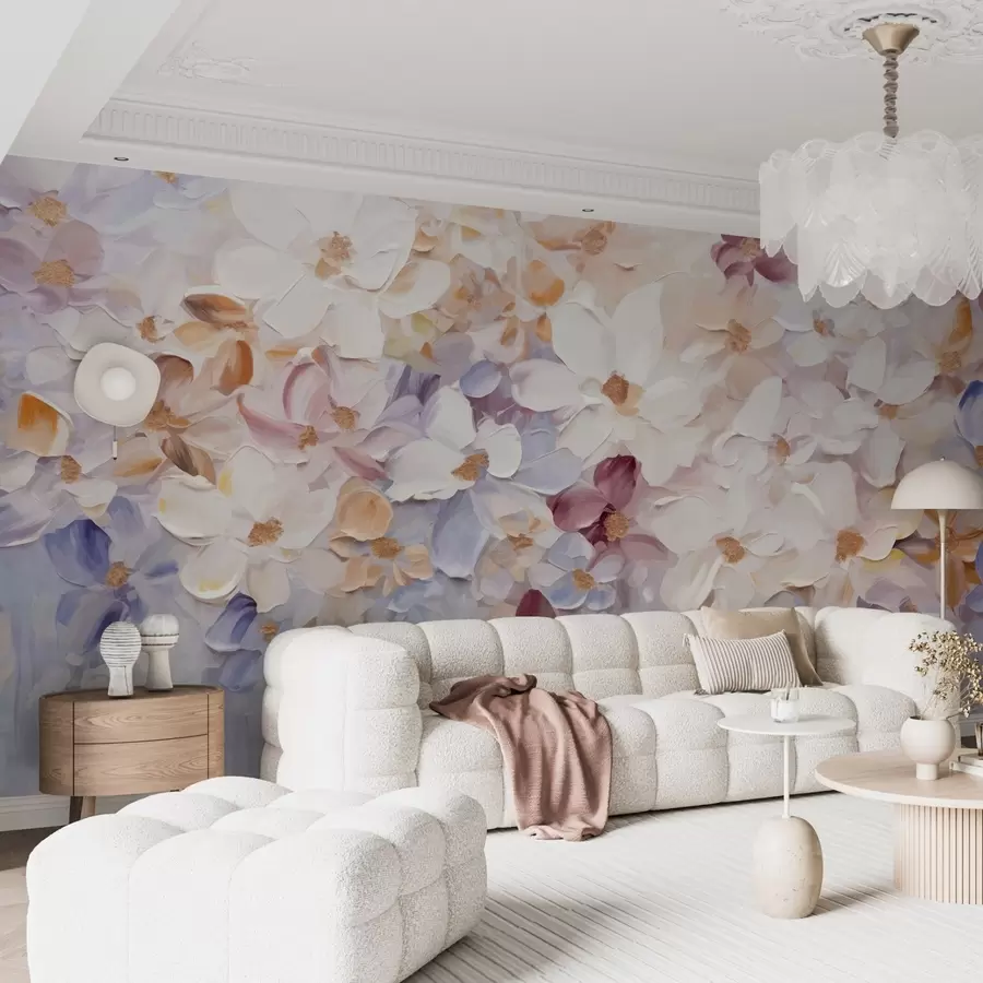 murais de parede Pintura a óleo imitando um jardim de flores com flores brancas, rosa e laranja, pinceladas suaves, cores pastéis suaves w09236