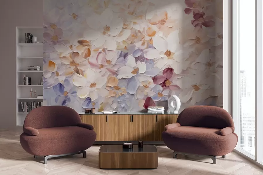 murais de parede Pintura a óleo imitando um jardim de flores com flores brancas, rosa e laranja, pinceladas suaves, cores pastéis suaves w09236