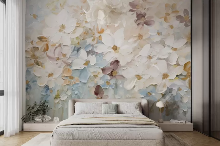 murais de parede Pintura a óleo imitando um jardim de flores com flores brancas, azuis e laranjas, pinceladas suaves, cores pastéis suaves w09236v1