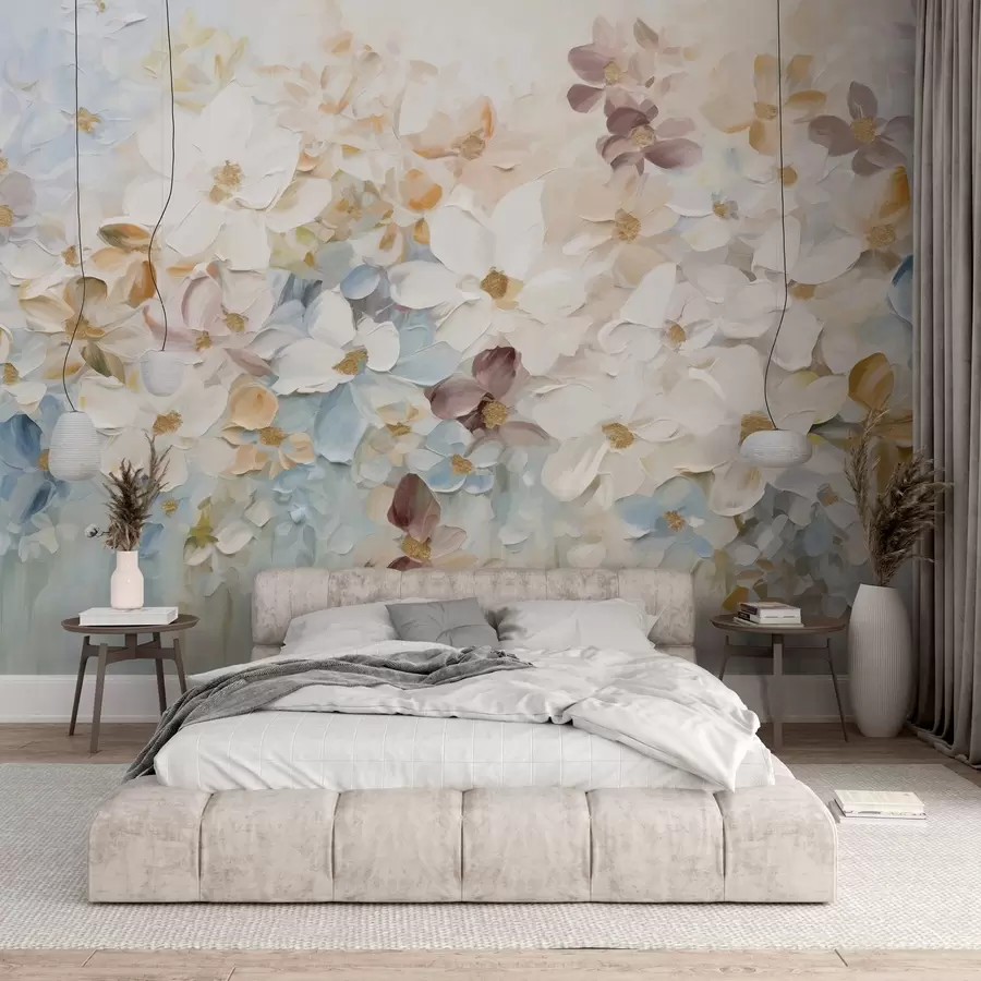 murais de parede Pintura a óleo imitando um jardim de flores com flores brancas, azuis e laranjas, pinceladas suaves, cores pastéis suaves w09236v1