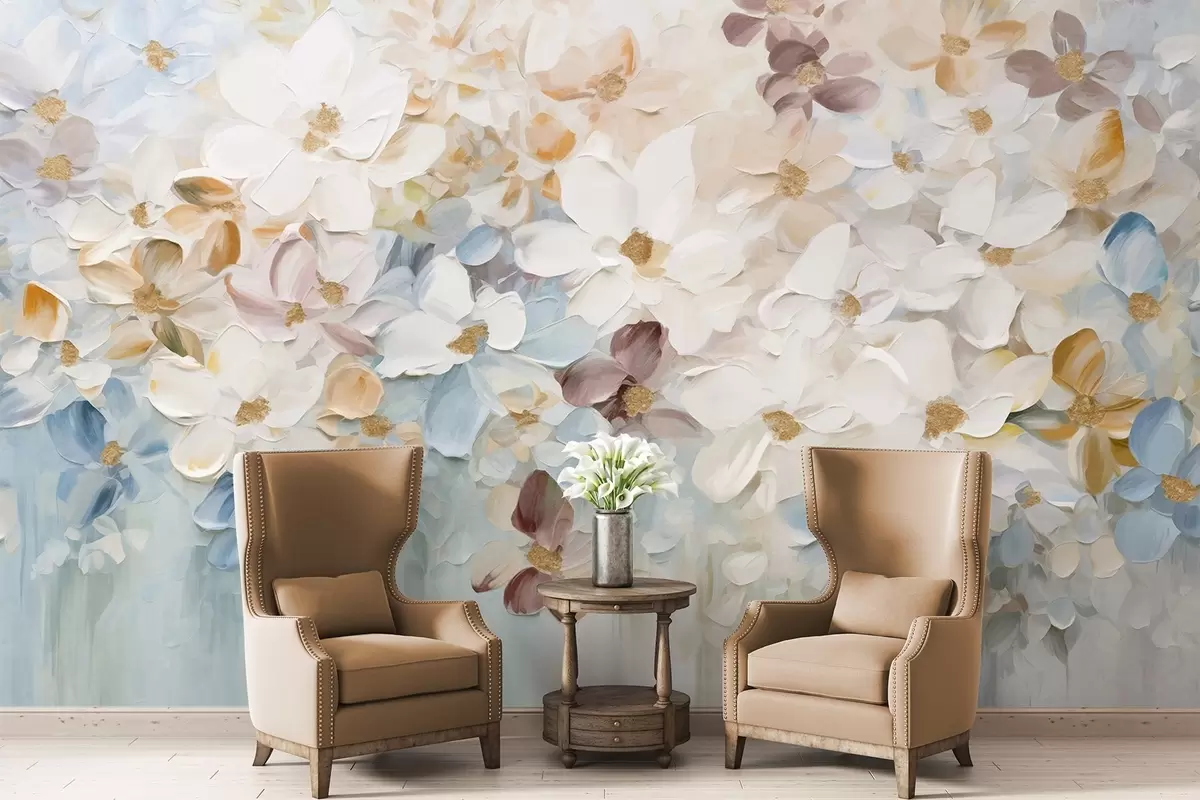 murais de parede Pintura a óleo imitando um jardim de flores com flores brancas, azuis e laranjas, pinceladas suaves, cores pastéis suaves w09236v1