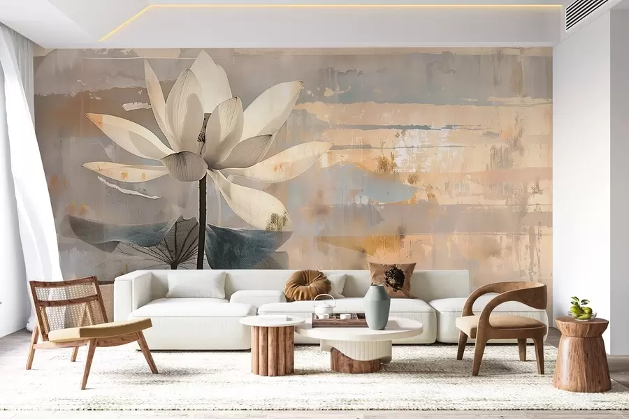 murais de parede Imitação de uma lótus em aquarela em um fundo abstrato com pinceladas w09244