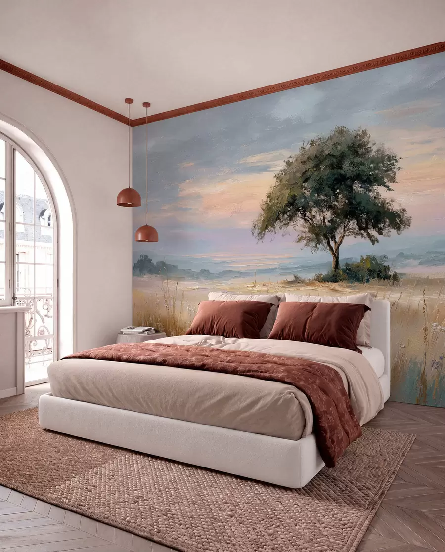 murais de parede árvore no meio de um campo no estilo de pintura a óleo w04206