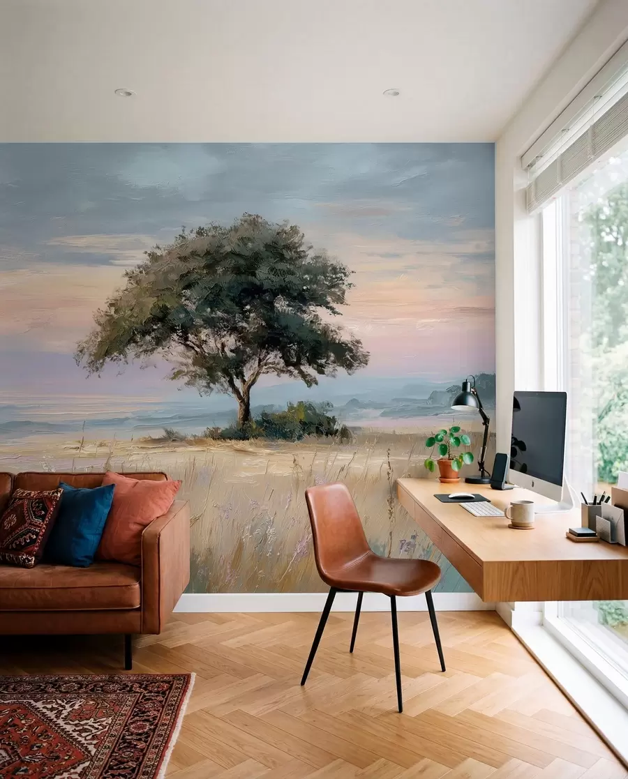 murais de parede árvore no meio de um campo no estilo de pintura a óleo w04206