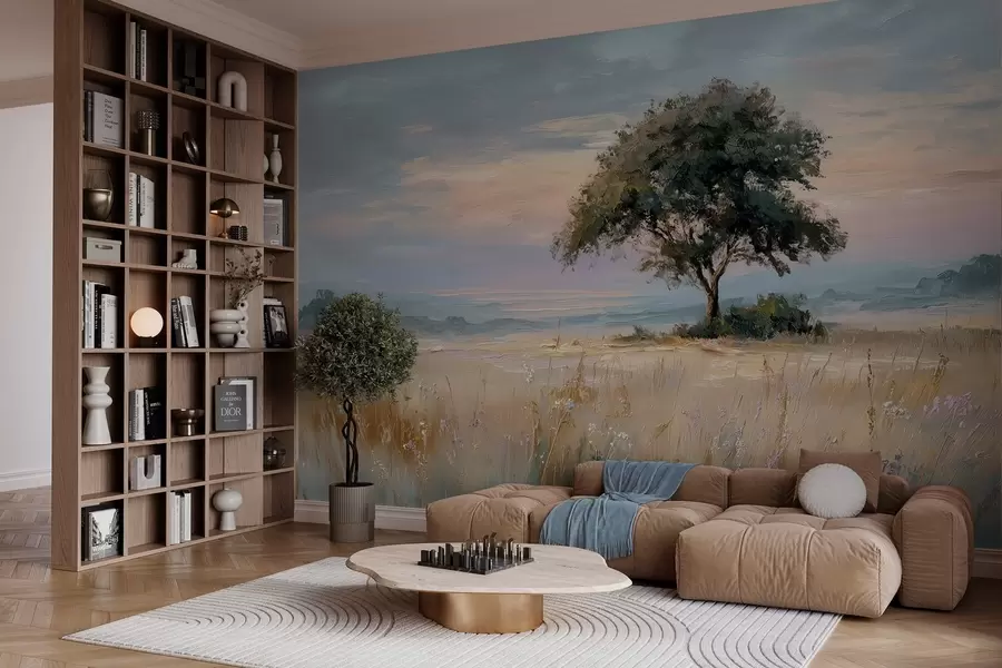 murais de parede árvore no meio de um campo no estilo de pintura a óleo w04206