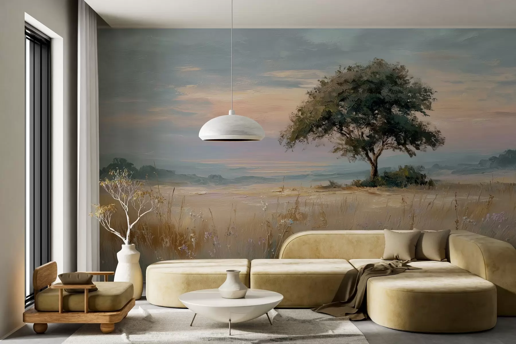 murais de parede árvore no meio de um campo no estilo de pintura a óleo w04206