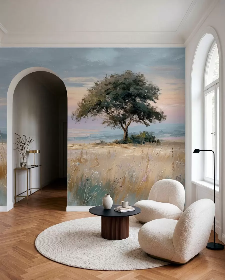 murais de parede árvore no meio de um campo no estilo de pintura a óleo w04206