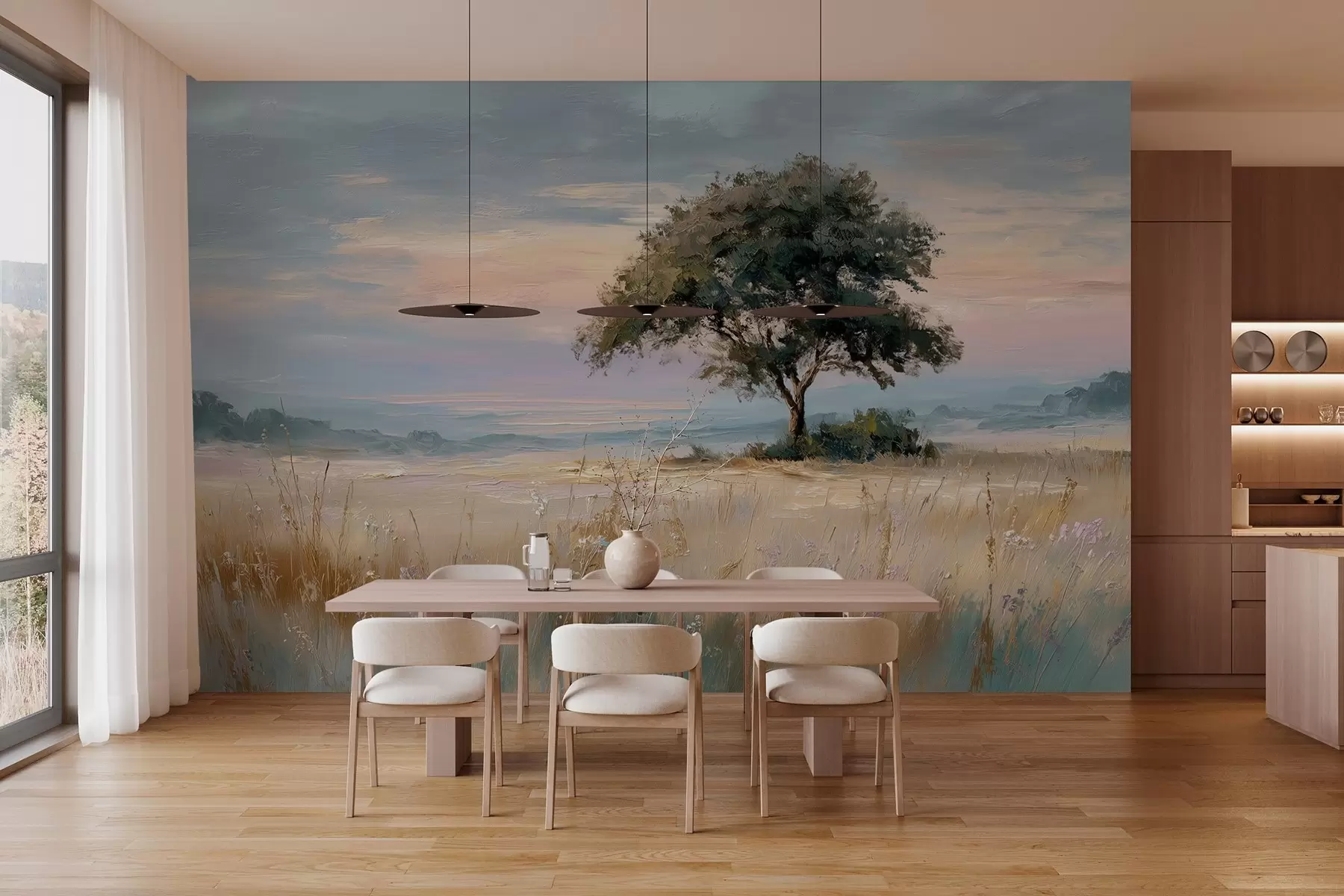 murais de parede árvore no meio de um campo no estilo de pintura a óleo w04206
