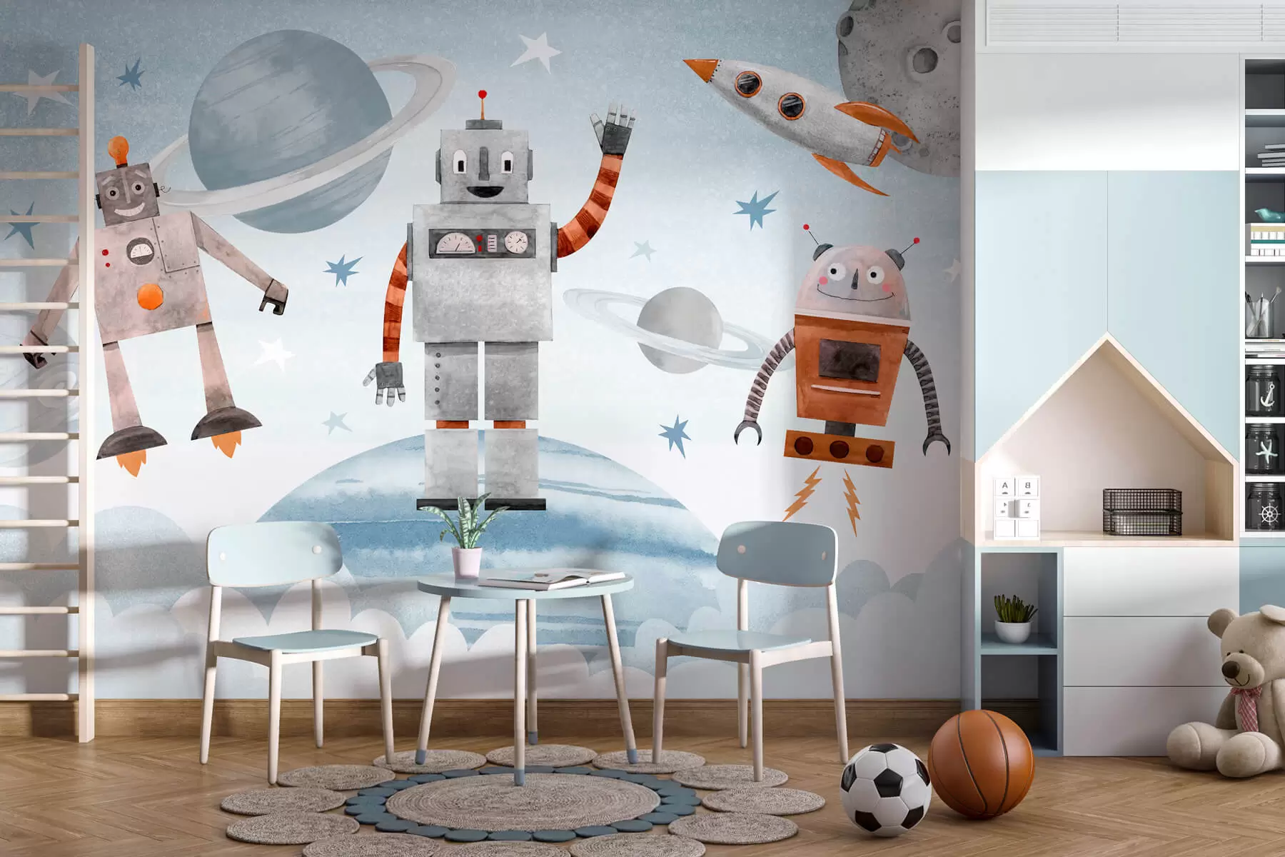 murais de parede Robôs no espaço em estilo aquarela w04016