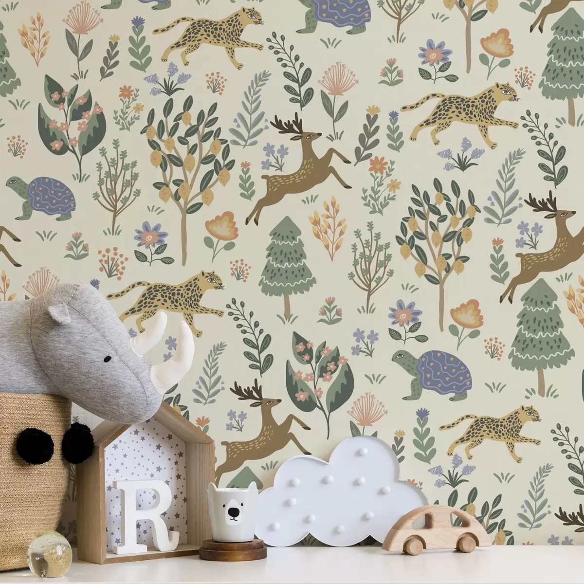 Papel de parede Ilustração retrô com leopardos, árvores e veados a00184