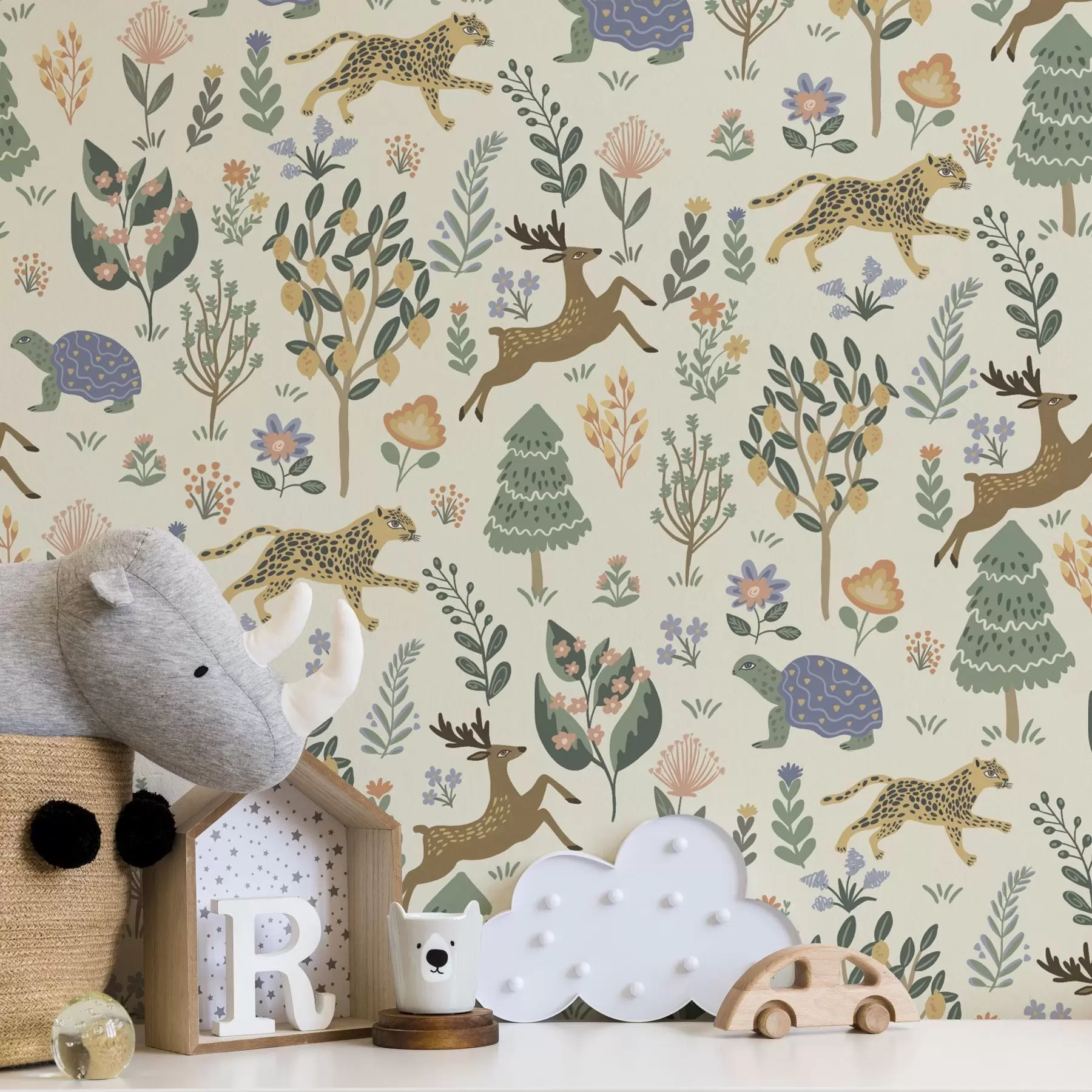 murais de parede Ilustração retrô com leopardos, árvores e veados a00184