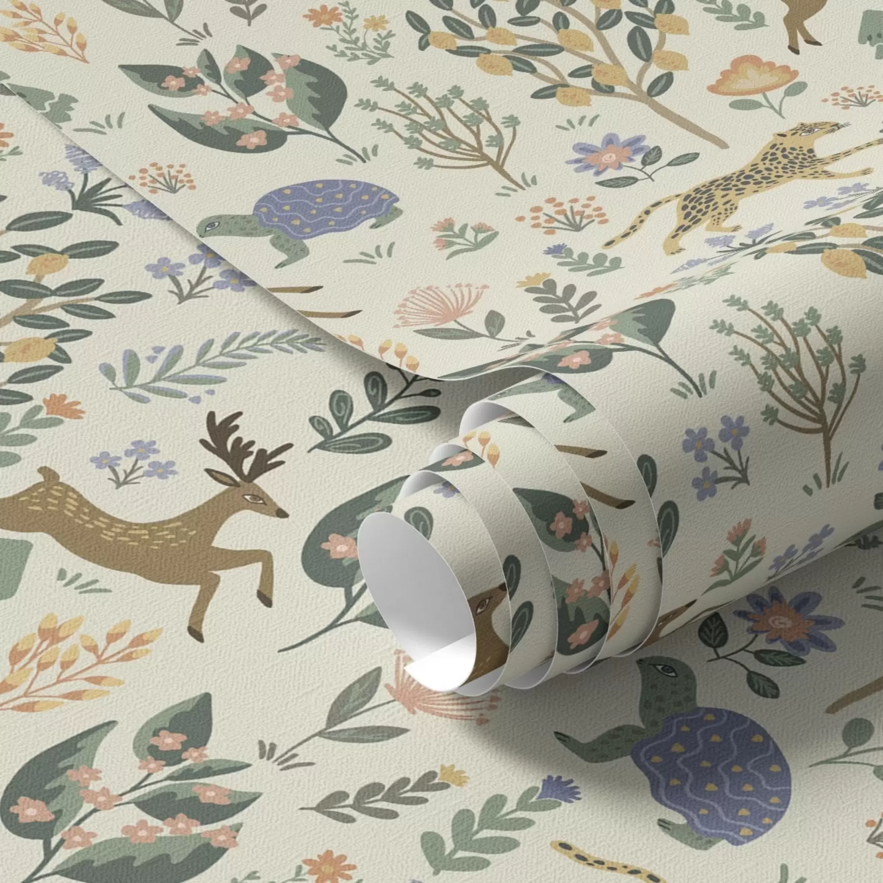 murais de parede Ilustração retrô com leopardos, árvores e veados a00184