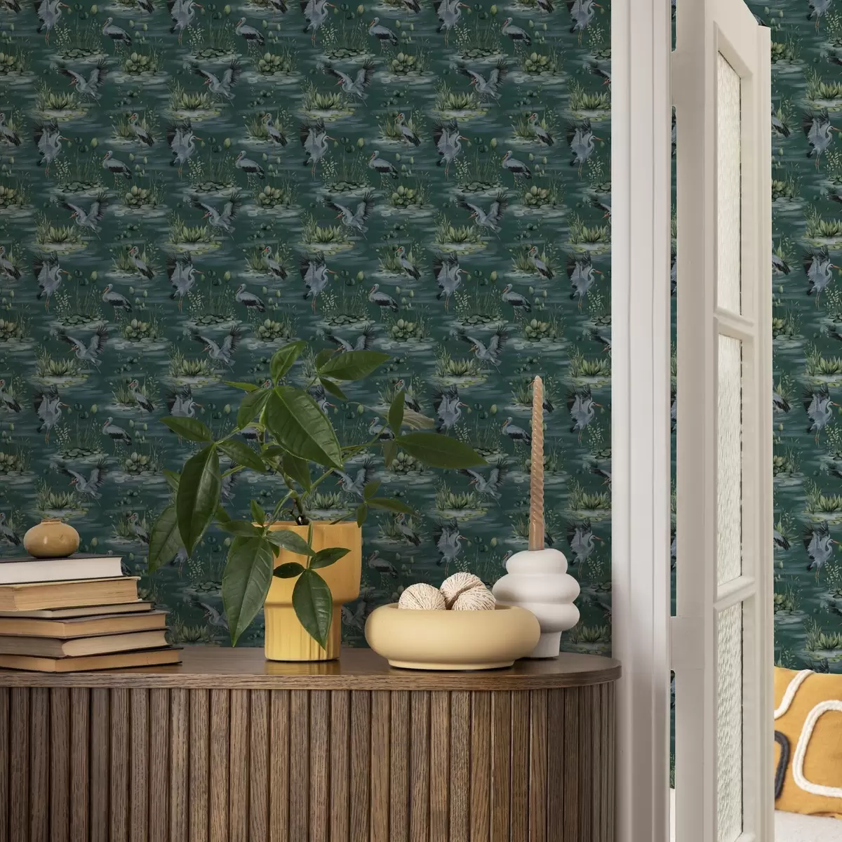 Papel de parede Cenas com garças no fundo de lagos e nenúfares a00202