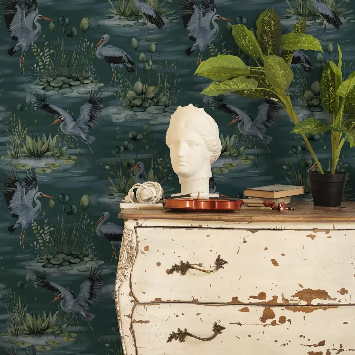 Papel de parede Cenas com garças no fundo de lagos e nenúfares a00202