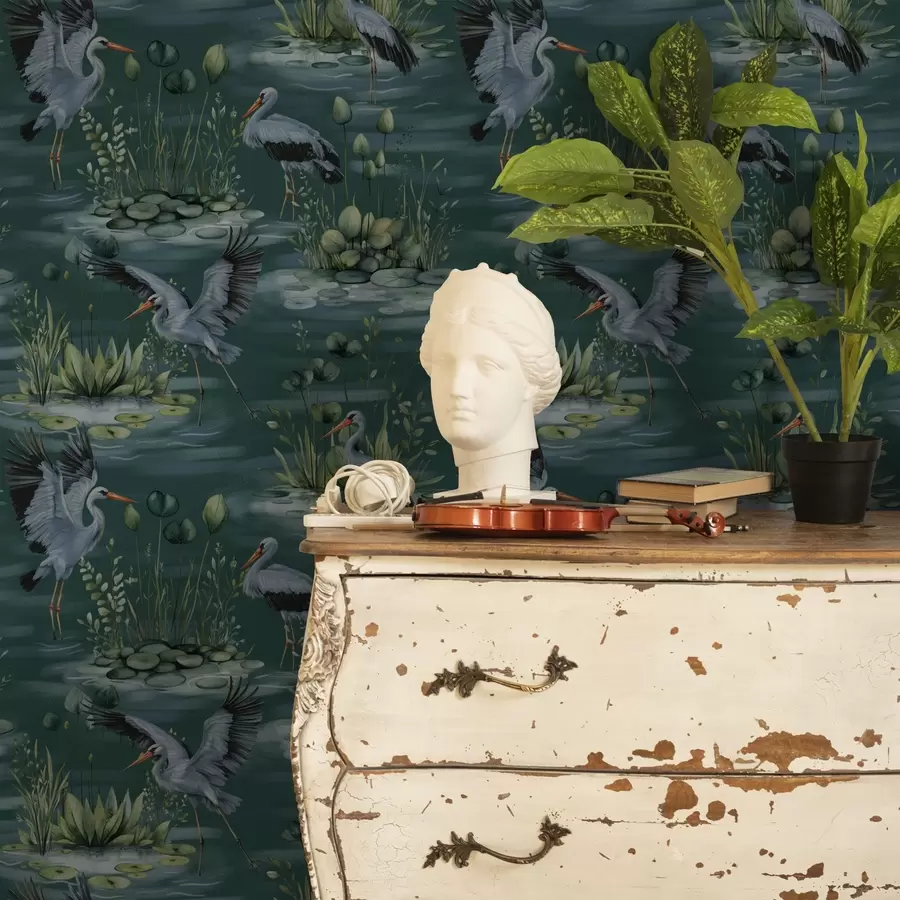 murais de parede Cenas com garças no fundo de lagos e nenúfares a00202