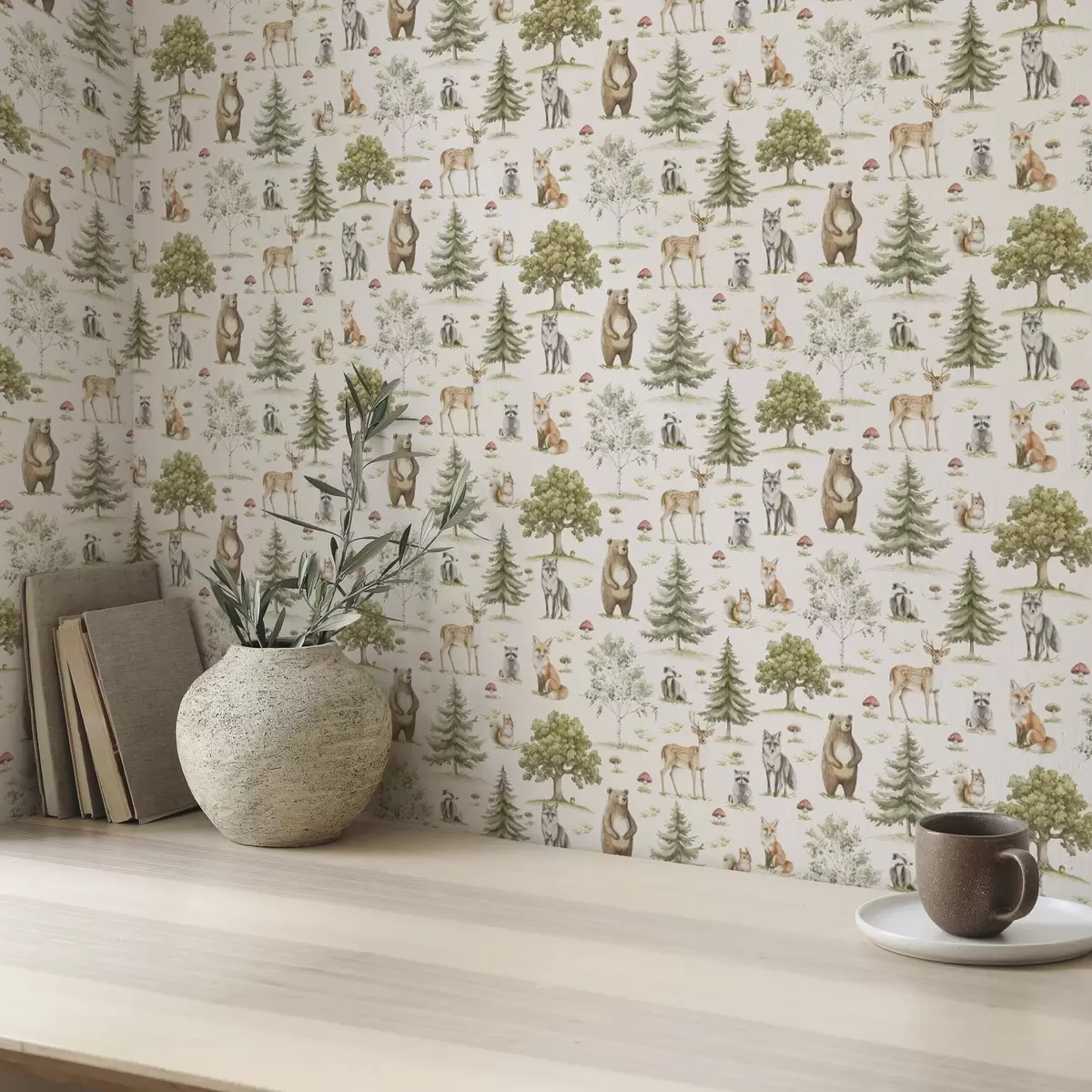 Papel de parede Animais da floresta em estilo aquarela suave, árvores e cogumelos a00212