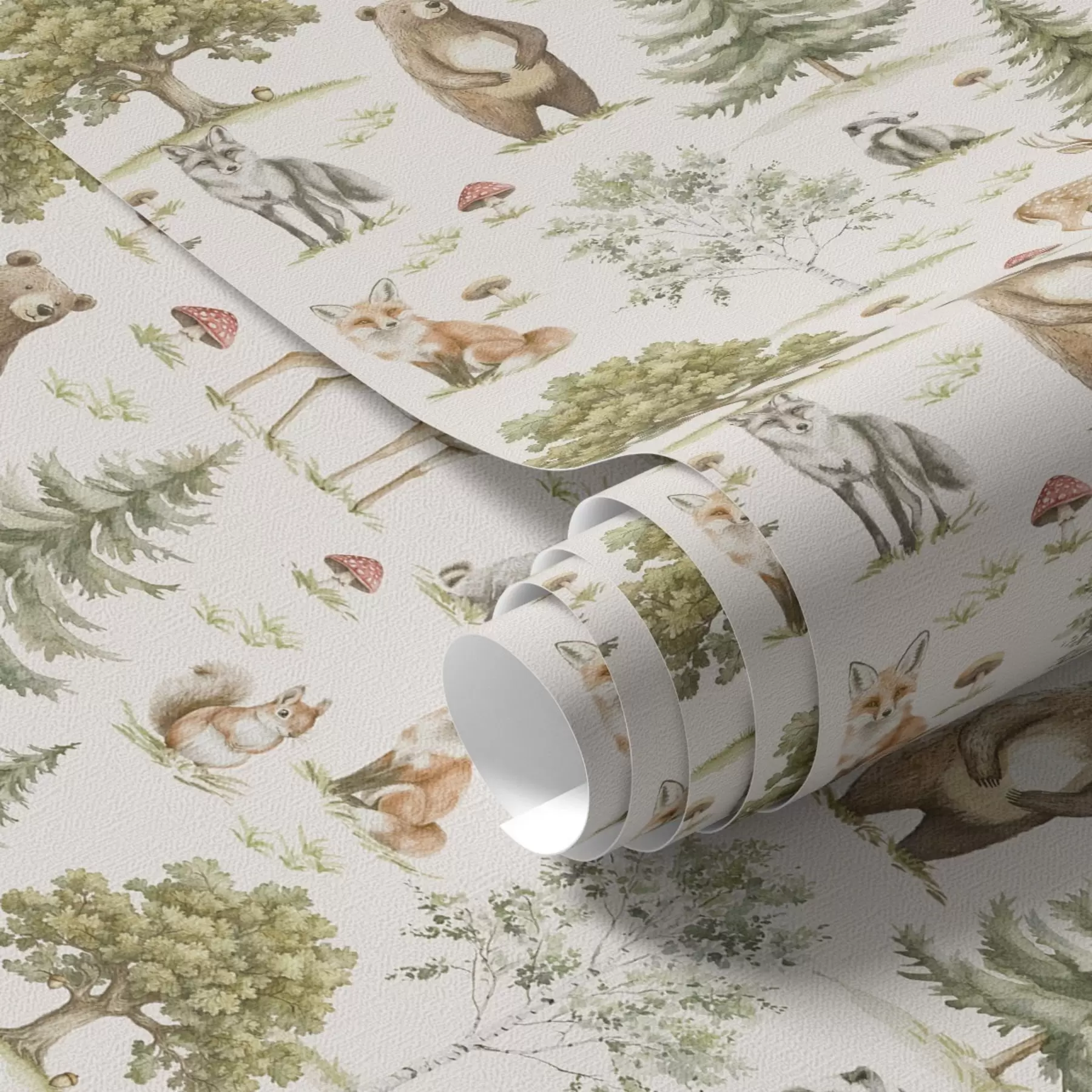 murais de parede Animais da floresta em estilo aquarela suave, árvores e cogumelos a00212
