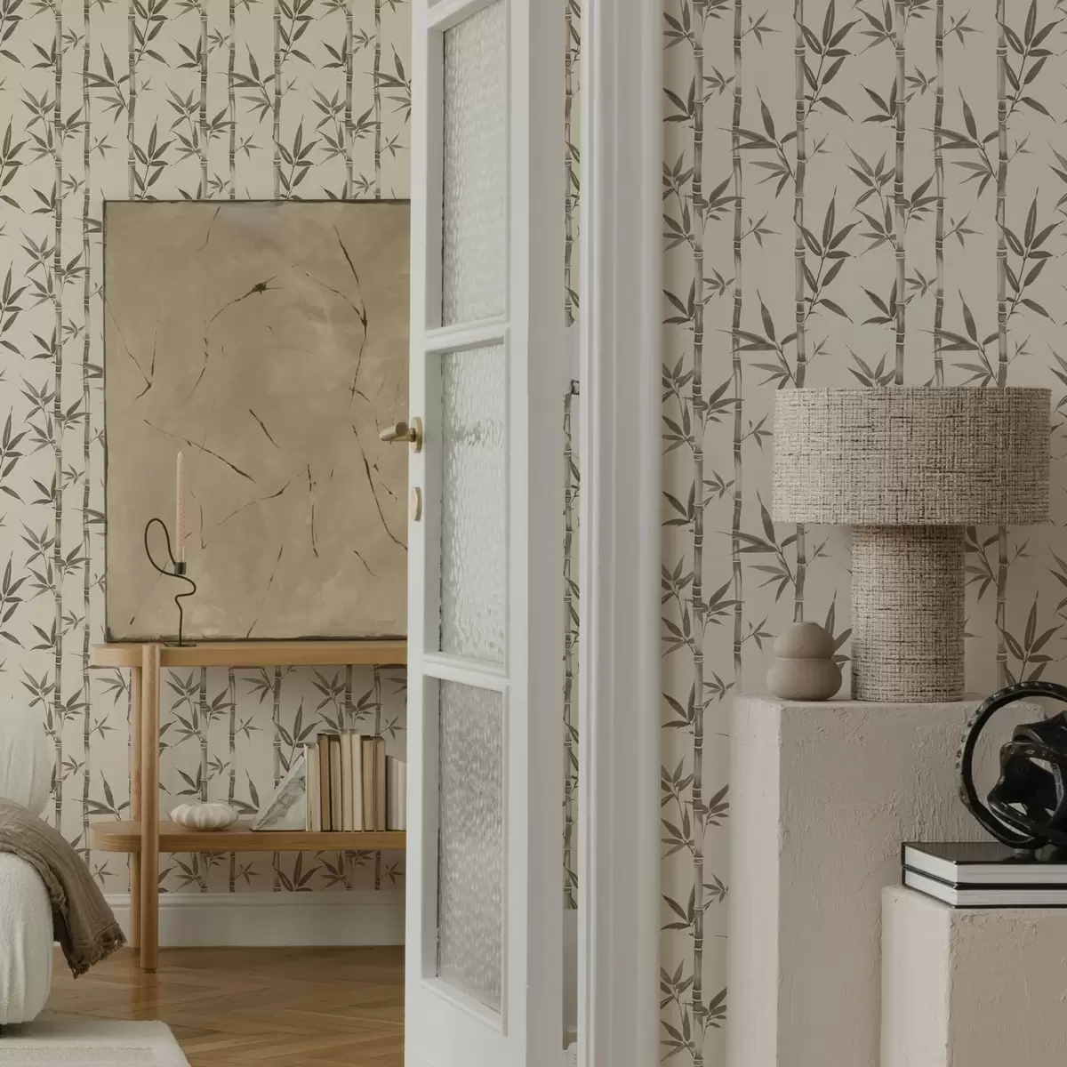 Papel de parede Padrão de bambu bege com folhas em estilo japonês a00236