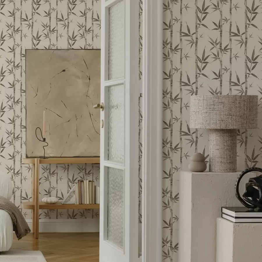 murais de parede Padrão de bambu bege com folhas em estilo japonês a00236