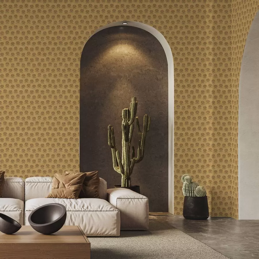 murais de parede Padrão floral retrô com lótus em um fundo amarelo a00238