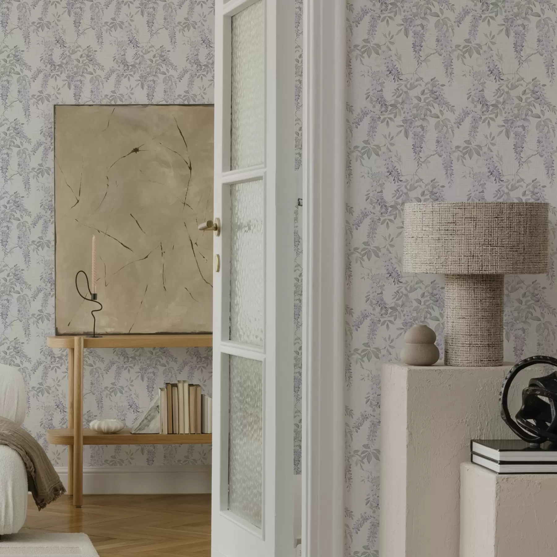 murais de parede Glicínias lilases em fundo branco, estilo aquarela a00239